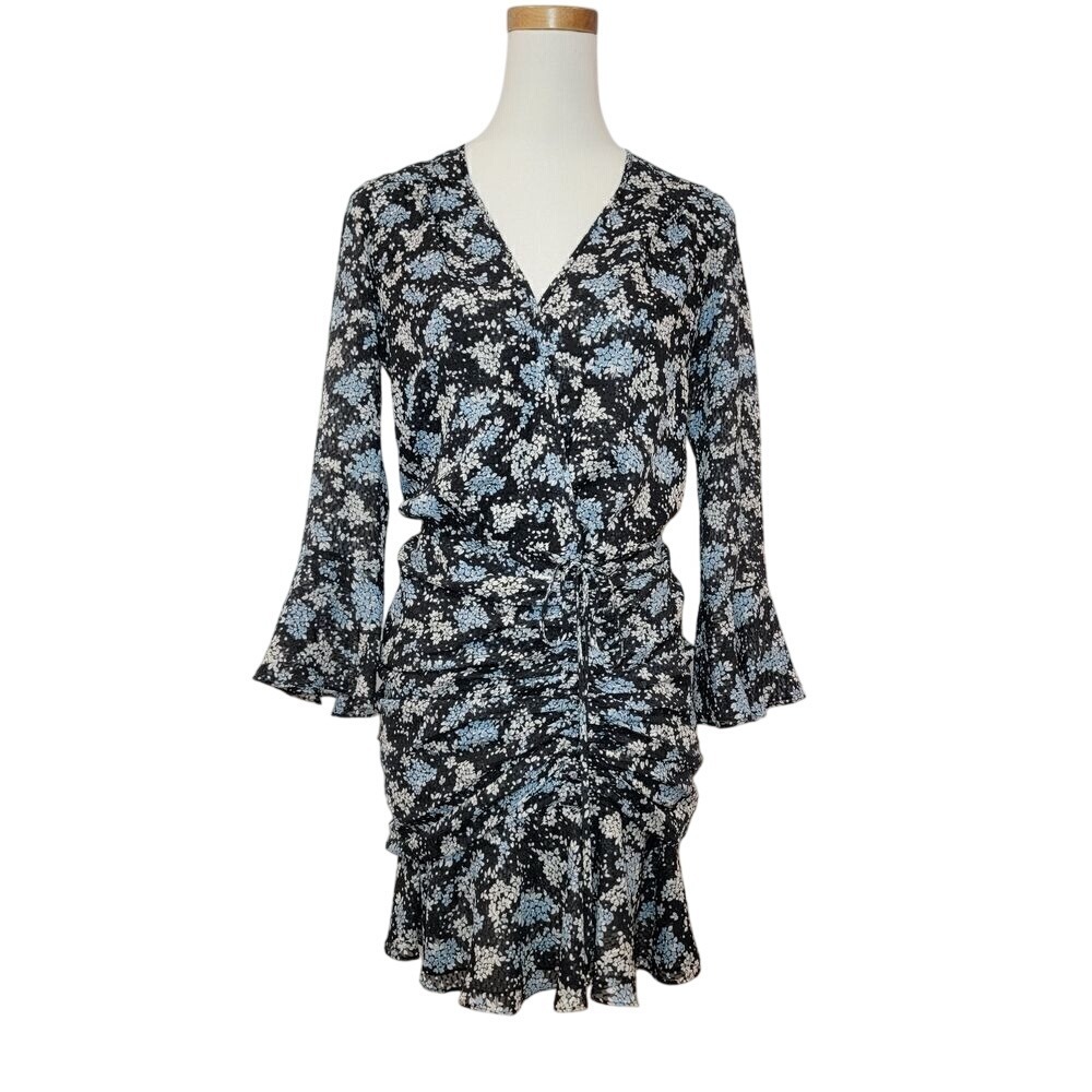Veronica Beard Sean Silk Mini Dress Sz 2 Blue Black Floral Bell Sleeve Sheer